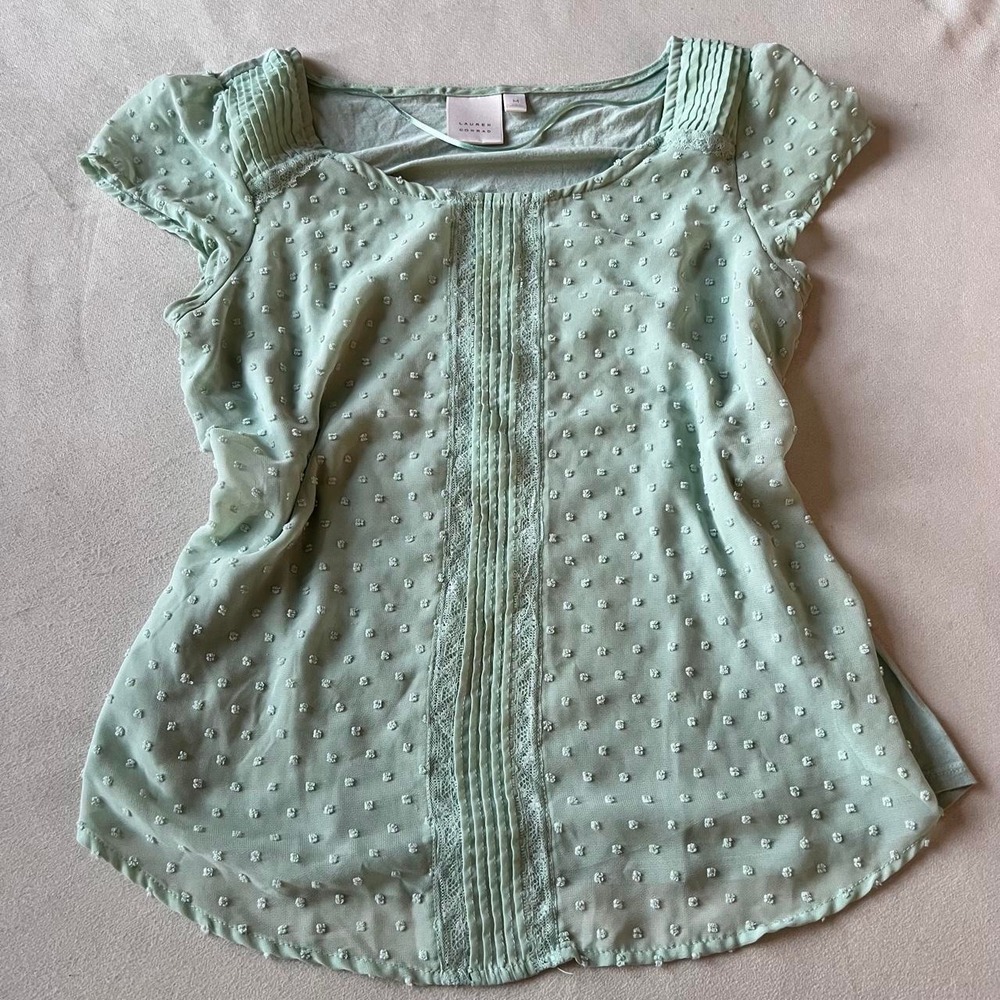 Mint Green Blouse Lace Cap Flutter Sleeves Flowy Summer Lightweight Career